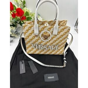 Women's Versace chain stripe la Medusa tote bag with shoulder strap made Italy